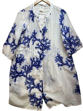 Shiva Women's Button Up Kaftan Cover Up Half Sleeve Free Size White Blue Coral